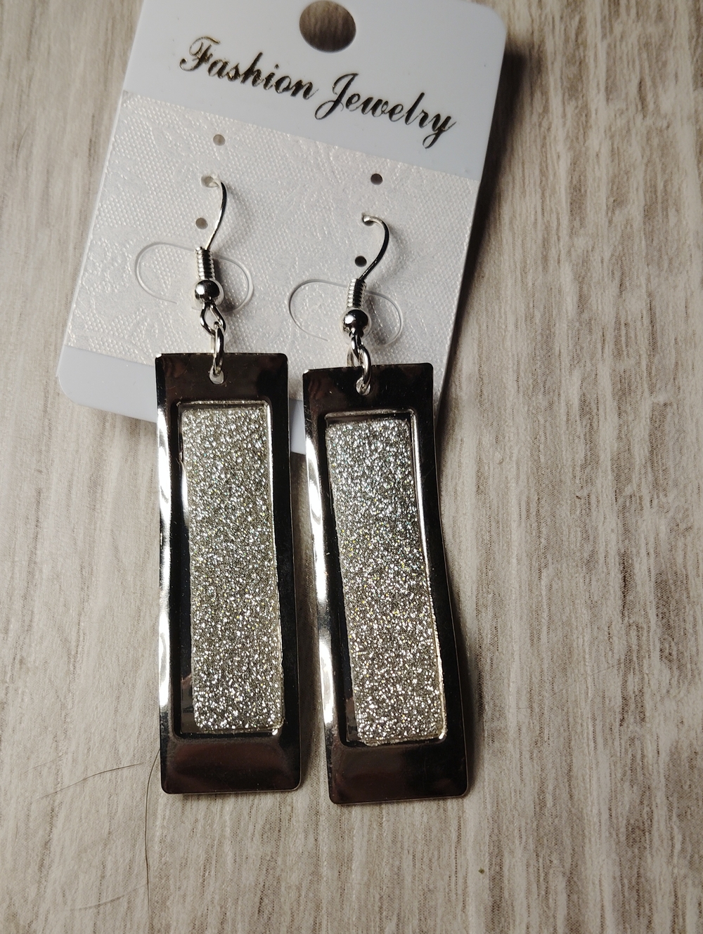 Fashion Jewelry Silver Sparkle Rectangular Drop Earrings